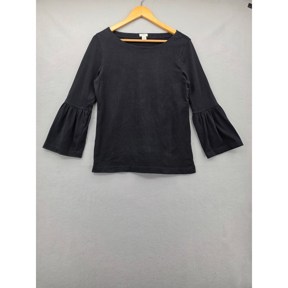 J. Crew Black Cotton Bell Sleeve Top Boat Neck Ruffle Flounce Shirt G7286 Small